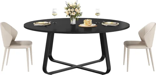 Miniatura 9 de LVB Mesa de comedor redonda negra de 42 pulgadas para 4 a 6, mesas de comedor circulares, mesas de cocina modernas de metal de madera, mesa
