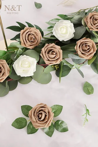 Miniatura 523 de N&T NIETING Flores artificiales, rosas artificiales de color rosa intenso, 50 piezas de flores falsas con tallo para ramos de boda DIY, centros