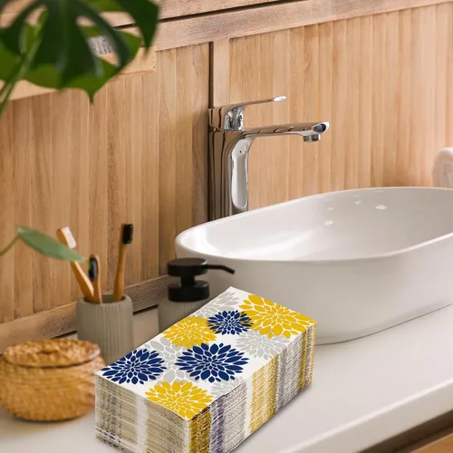 Miniatura 6 de 80 servilletas de papel de Dalia para invitados, azul marino, amarillo, plateado, flores, servilletas de baño, modernas y elegantes, desechables