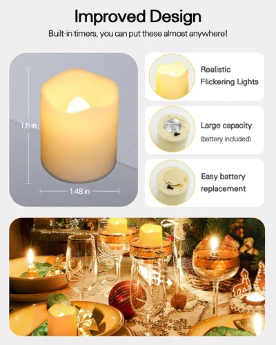 Miniatura 4 de SHYMERY Velas votivas sin llama con temporizador, paquete de 12 velas LED parpadeantes que duran 15 días, 18 horas de apagado en 24 horas, velas
