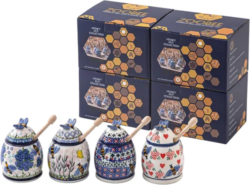 Miniatura 9 de ZOOBEE Tarro de miel de cerámica de 10 onzas con tapa y tapa pintada a mano con diseño natural, pequeño recipiente portátil para miel para cocina