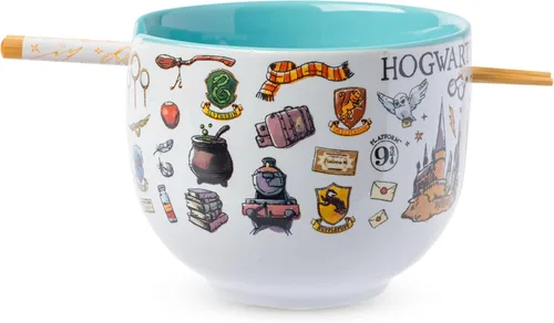 Silver Buffalo Harry Potter Icons - Tazón de cerámica para fideos ramen y arroz con palillos, apto para microondas, 20 onzas Harry Potter Hogwarts