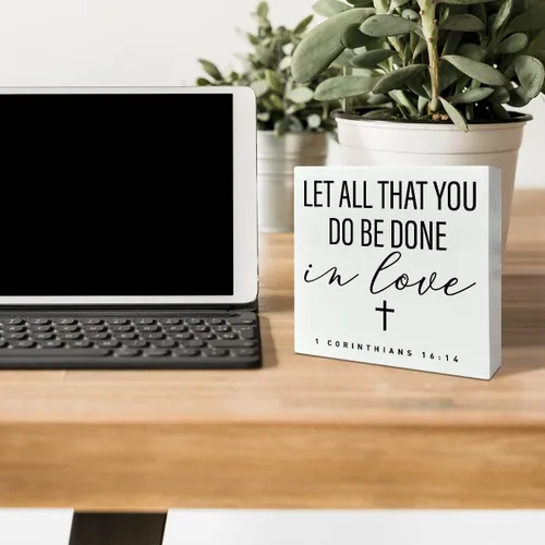 Miniatura 3 de Letrero de madera para escritorio cristiano, decoración de escritorio con texto en inglés "You Do Be Done in Love", decoración motivacional