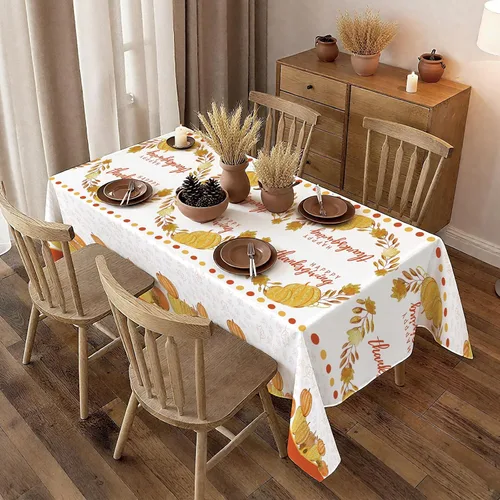 Miniatura 4 de ATFUNSHOP Mantel de Acción de Gracias, paquete de 2 manteles desechables de 54 x 108 pulgadas, suministros para fiestas, calabazas, hojas de otoño