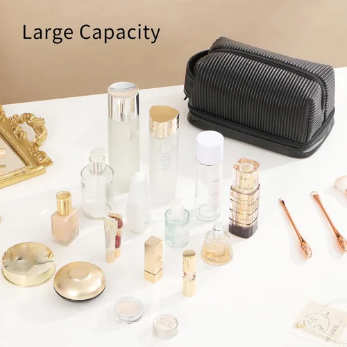 Miniatura 3 de Bolsa de maquillaje, bolsa de viaje grande de doble capa impermeable con asa y compartimento para cepillos para mujeres, Negro -, Color puro