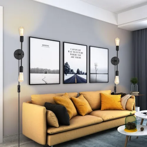 Miniatura 6 de Lámparas de tocador de baño negras de 2 luces, modernas lámparas de pared industriales con cable de interruptor de encendido/apagado, juego de dos