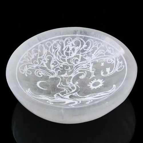 Miniatura 10 de AMOYSTONE Cuenco de carga de selenita natural con grabado de mandala, placa de cristal de limpieza energética de 5.5 pulgadas para meditación