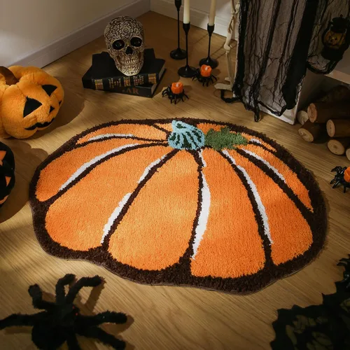 Miniatura 3 de YRXRUS Tapetes de baño con diseño de calabaza de Halloween, con forma de calabaza, lavable a máquina, alfombra naranja para sala de estar