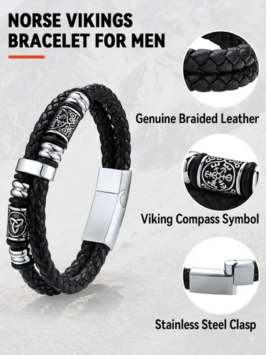 Miniatura 5 de FaithHeart Pulsera vikinga para hombre, pulsera de cuero trenzado de doble fila con cierre de acero inoxidable, brújula vikinga, pulsera vintage