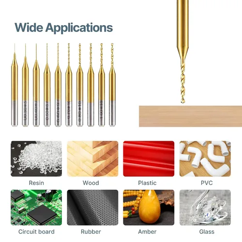Miniatura 5 de HUHAO Juego de 10 brocas micro, 0.008 in-0.043 in, vástago de 1/8 pulgadas, flauta en espiral CNC, brocas para placa de circuito, joyería de piedra