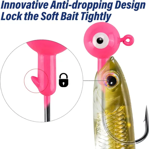 Miniatura 3 de Alwonder Paquete de 10 cabezas redondas de pesca, ganchos de róbala de lubina, ojos 3D, acero de alto carbono, 1/8-1/2 onzas, cabeza de plantilla