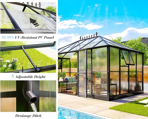 Miniatura 4 de Jocisland Invernadero de Policarbonato de 14x9.5x9 Pies - Invernaderos de Aluminio para Exteriores con Altura de Pared de 6 Pies con 2 Ventilaciones