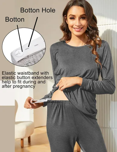 Miniatura 2 de Ekouaer Conjunto de ropa interior térmica de maternidad y lactancia, conjunto de pantalones largos de punto a rayas, capa base superior e inferior