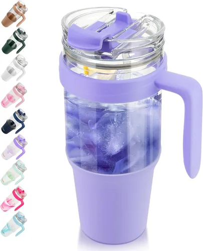 Miniatura 11 de Tronco Vaso de vidrio de 32 onzas con popote y tapa, tapa con popote 2 en 1 a prueba de fugas, botellas de agua de vidrio con asa, apto para Rosa