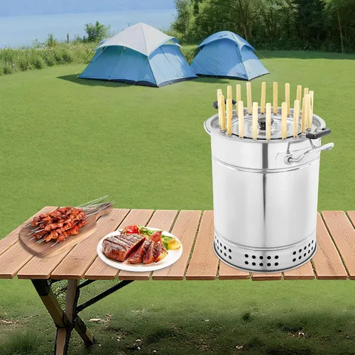 Miniatura 3 de Parrilla de carbón portátil para barbacoa, parrilla envolvente de acero inoxidable, parrilla de barril de carbón, capacidad de 20 brochetas