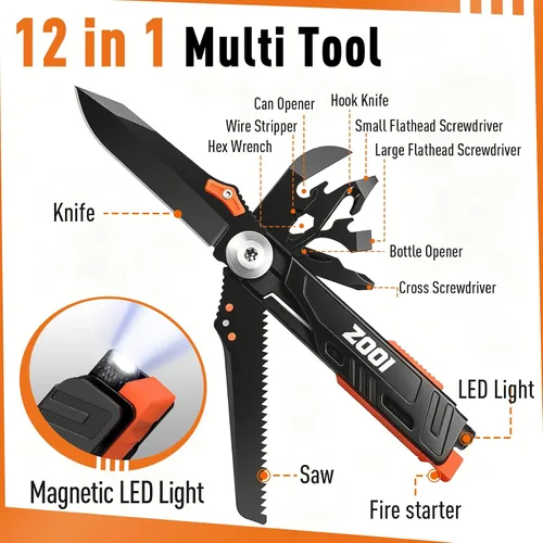 Miniatura 4 de ZOOI - Multiherramienta de bolsillo con iniciador de fuego LED, regalos de cumpleaños para hombres y él, herramientas de bolsillo 12 en 1