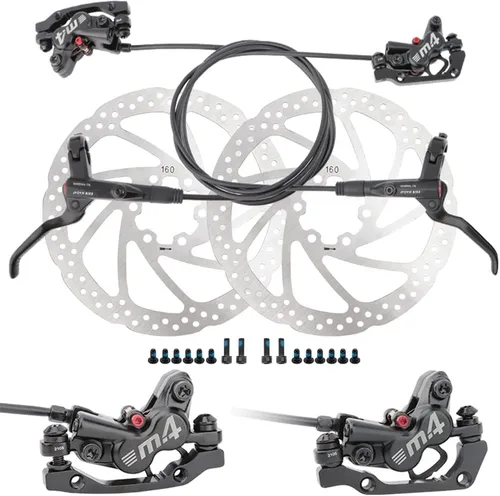 JFOYH Juego de frenos hidráulicos MTB de 4 pistones con rotores de disco flotante de 6.299 in, kit de freno de disco hidráulico delantero y trasero
