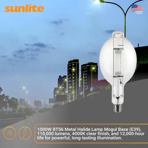 Miniatura 5 de Sunlite 03681-SU MH1000/U/BT56 M47/S Lámpara de haluro metálico, 1000 vatios, base Mogul (E39), BT56, 12,000 horas de vida, 110,000 lúmenes, acabado
