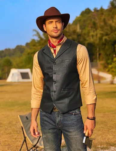 Miniatura 2 de COOFANDY Chaleco de cuero para hombre, estilo casual, estilo occidental, ligero, con cuello en V, chaleco