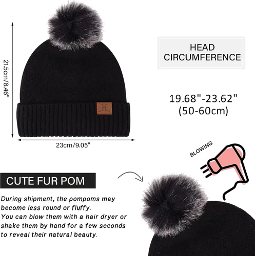 Miniatura 5 de Conjunto de gorro de punto cálido para mujer, bufanda larga, guantes para pantalla táctil, con forro polar, gorro de calavera con pompones, regalos