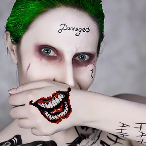 Miniatura 5 de NEDEQI - 4 hojas de tatuajes de Joker de gran tamaño, tatuaje falso temporal de Halloween para hombres y adultos, todas las versiones, calcomanías