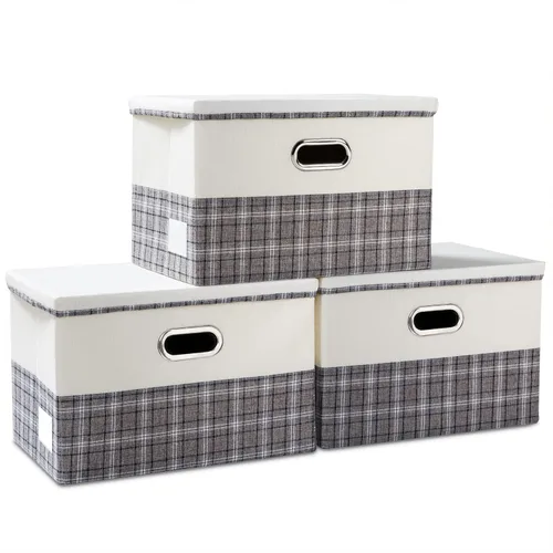Miniatura 25 de PRANDOM Contenedor de almacenamiento plegable con tapa [1 unidad] Caja de almacenamiento decorativa de tela de lino, cesta organizadora con asas