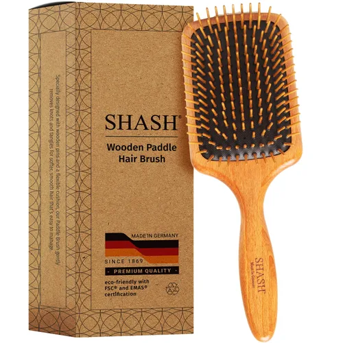 SHASH Desde 1869 Fabricado en Alemania Cepillo de paleta de madera - Desenreda suavemente, peina, acondiciona el cabello con mínimo encrespamiento y