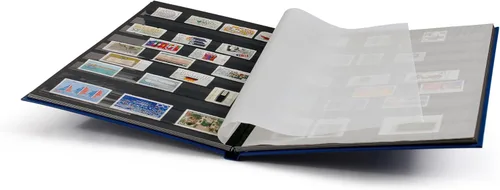 Miniatura 2 de LIGHTHOUSE – "BASIC" Libro de stock de tapa dura para sellos – 16 páginas de cartulina negra de 9 x 12 pulgadas (A4) con tiras transparentes - Azul