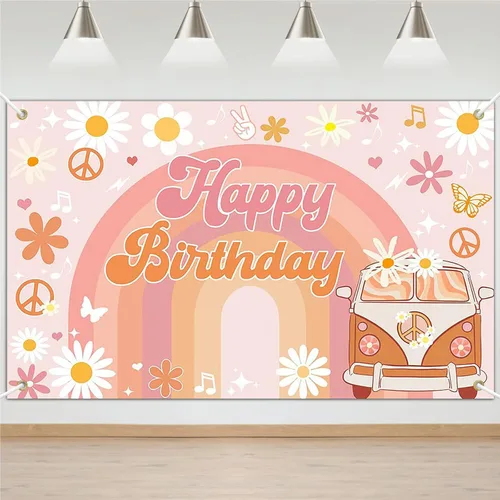 Avezano Groovy - Cartel de cumpleaños para decoración de fiesta de cumpleaños retro hippie para niñas, margarita, bohemio, arco iris, fondo de