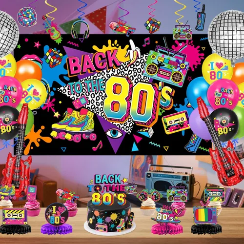 Miniatura 7 de Las decoraciones de fiesta de los años 80 incluyen telón de fondo, pancarta, espirales colgantes, globos de aluminio y látex, adornos para pasteles