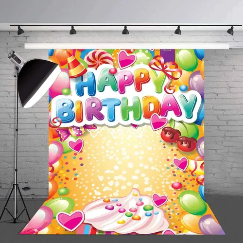 Miniatura 4 de Telones de fondo de fotografía de feliz cumpleaños, globos coloridos de 5 x 7 pies, fondo de fotos de dulces dulces para niños, fiesta temática