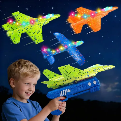 Paquete de 3 juguetes lanzadores de aviones, espuma LED de 13.2 pulgadas 2025 caza F-15 Eagle y avión planeador catapulta para niños, juguetes