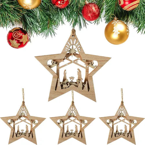 Blulu Juego de 4 piezas de adornos navideños de escena de la natividad, set de regalo a granel, adorno colgante de madera cristiano 3D para árbol de