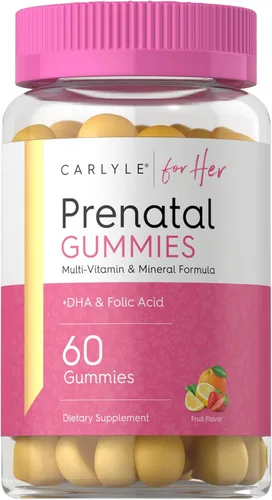 Carlyle Gomitas prenatales con DHA y ácido fólico, 60 gomitas | Suplemento multivitamínico y mineral para mujeres | Sabor a fruta | Sin OMG, sin