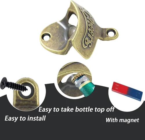 Miniatura 3 de Abridor magnético de botellas de cerveza Cheers para montar en la pared, con imanes, bronce antiguo, abridor de tapa de cerveza magnético