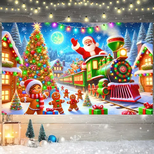 Miniatura 2 de BlissYard Telón de fondo de tren de Papá Noel, 71 x 43 pulgadas, pancarta de escena de Navidad de pan de jengibre, fondo de fotos para fiestas