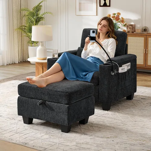 Miniatura 25 de Chaise Lounge Chair para interiores con puerto USB y soporte para teléfono, sillón reclinable pequeño de felpilla con otomana de almacenamiento
