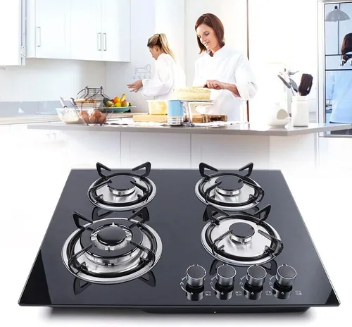 Miniatura 2 de Placa de cocina de gas de 23 pulgadas, estufa de gas incorporada, 4 quemadores, estufa de acero inoxidable, quemadores de vidrio templado negro