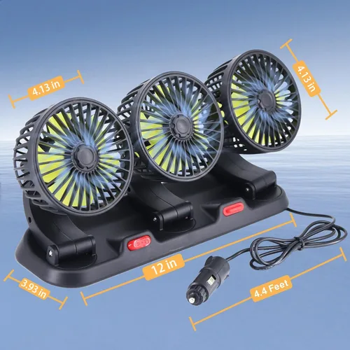 Miniatura 7 de Ventilador de triple cabezal para auto, aire acondicionado portátil para auto con rotación de 360° Enchufe para encendedor de cigarrillos para auto