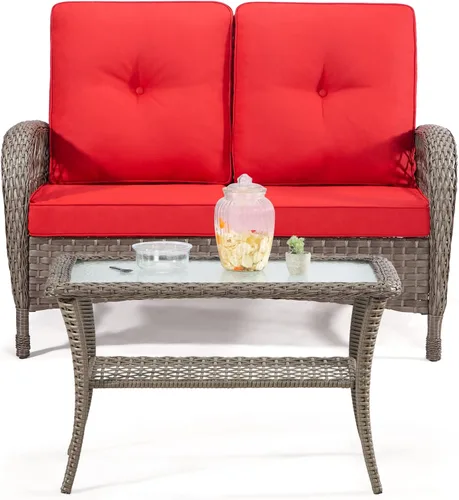 Miniatura 6 de Joyside Juego de muebles de mimbre para patio, juego de conversación de 2 piezas con un asiento de amor y una mesa de café, sofá y mesa de ratán