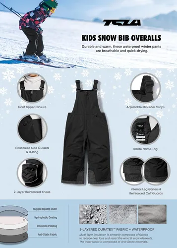 Miniatura 4 de TSLA - Overol con peto invernal para bebés, niñas y niños pequeños, para nieve, snowboard y esquí, de tela antidesgarro Ripstop, impermeable