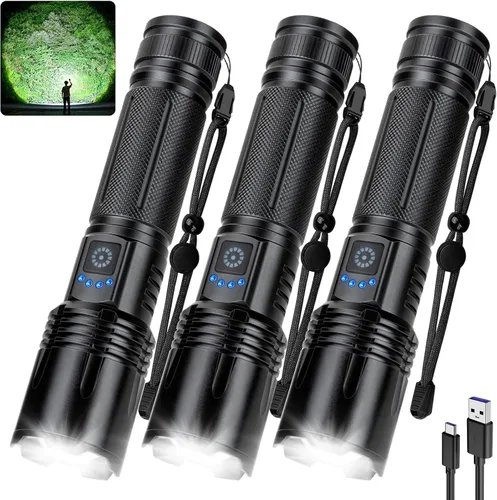 Paquete de 3 linternas recargables de 990,000 lúmenes altos, linternas LED superbrillantes, 5 modos de enfoque ajustable, IPX7 impermeable, potente