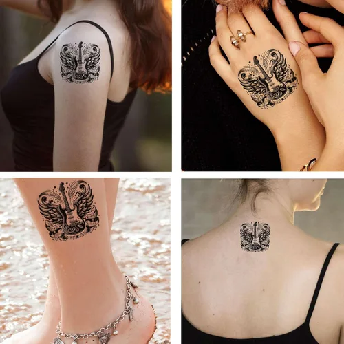 Miniatura 2 de 6 hojas de tatuajes falsos temporales para hombres y adultos, guitarra eléctrica, rosas, alas de ángel, notas musicales, rollo de rock, tatuaje