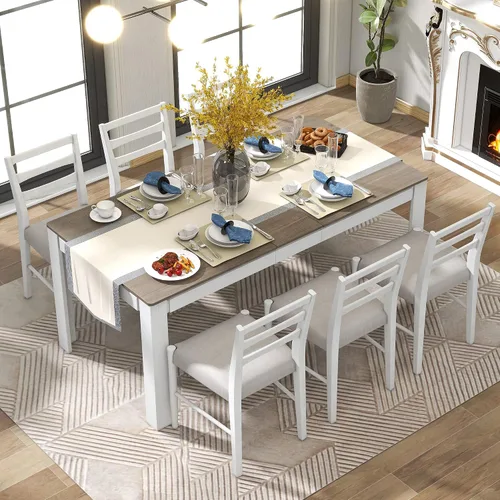 Juego de mesa de comedor de madera de 7 piezas, mesa extensible multifuncional con hojas de 12 pulgadas y 2 cajones, 6 sillas de comedor con cojín