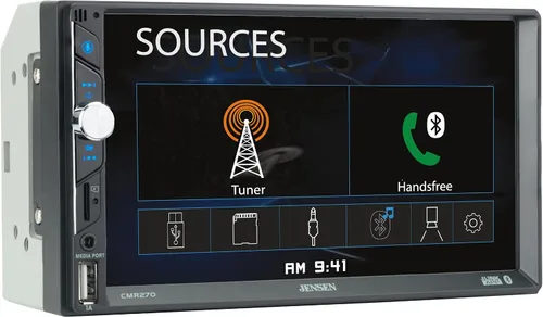 Jensen CMR270 Estéreo de coche doble DIN de 7 pulgadas | Pantalla táctil de medios digitales LED | Bluetooth | Asistente Push to Talk | Entrada de