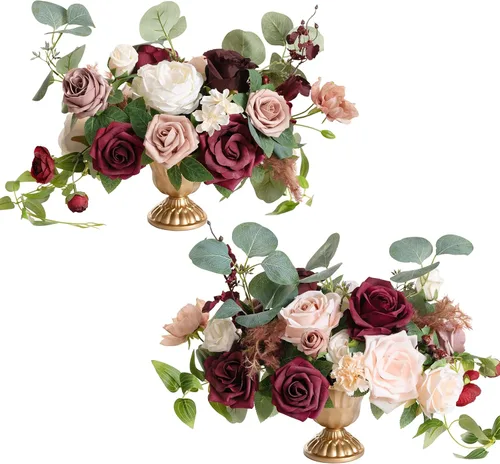Miniatura 9 de Ling's moment Flores artificiales magenta con jarrón para decoración de mesa de boda, ramo de centro de mesa, maceta para ceremonia, recepción