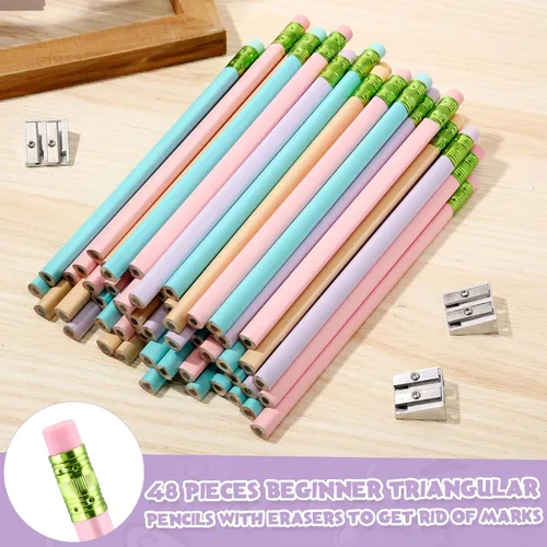 Miniatura 3 de Fainne 48 piezas de lápices gordos jumbo grandes gruesos y 3 piezas de sacapuntas para niños principiantes, preescolares, jardín de infantes