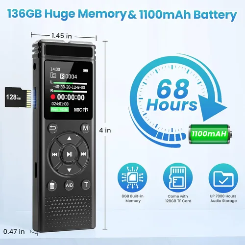 Miniatura 3 de Grabadora de voz digital de 136 GB con reproducción, dispositivo de grabación de audio de 9000 horas, grabadora activada por voz con reducción