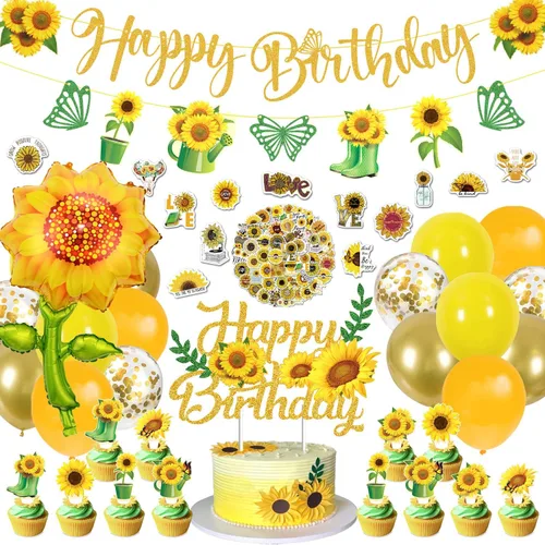 JCOOS Decoraciones de fiesta de girasoles: decoraciones de fiesta de cumpleaños de girasol incluyen globos, pancartas, decoración de tartas,