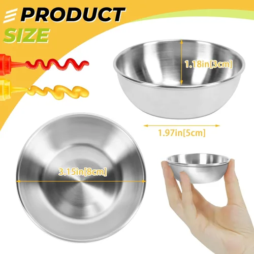 Miniatura 2 de 6 platos de salsa de acero inoxidable, cuencos redondos para condimentos, mini platos de aperitivo, platos para mezclar sushi (3.15 x 1.18 pulgadas)